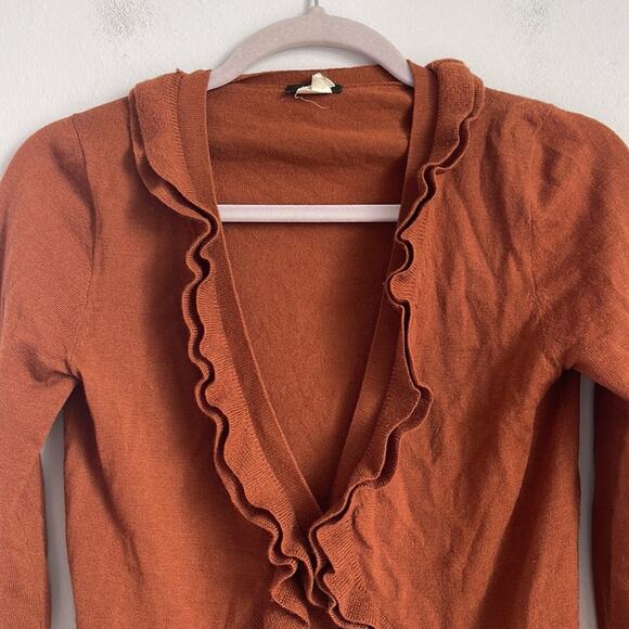 J. Crew 100% merino wool ruffle front deep V neck cardigan sz XS - Picture 2 of 6